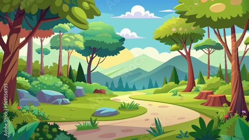 Summer landscape of forest glade in sunny day. Vector cartoon illustration of nature panorama of deep woods, nature park or garden with green trees, grass, bushes and path