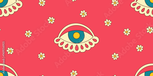 Retro 70s Hippie Seamless Pattern, Hippie Eye with Daisies. Psychedelic Groovy Elements.