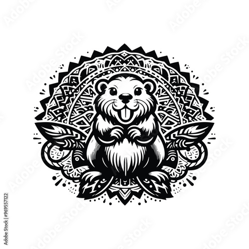 Beaver in bohemian black and white silhouette illustration -