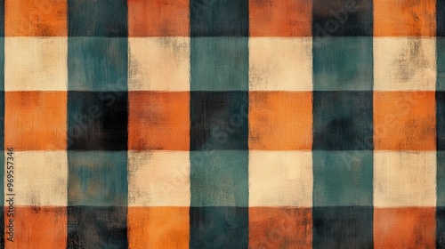 Colorful plaid pattern with orange, teal, and beige squares on textured fabric