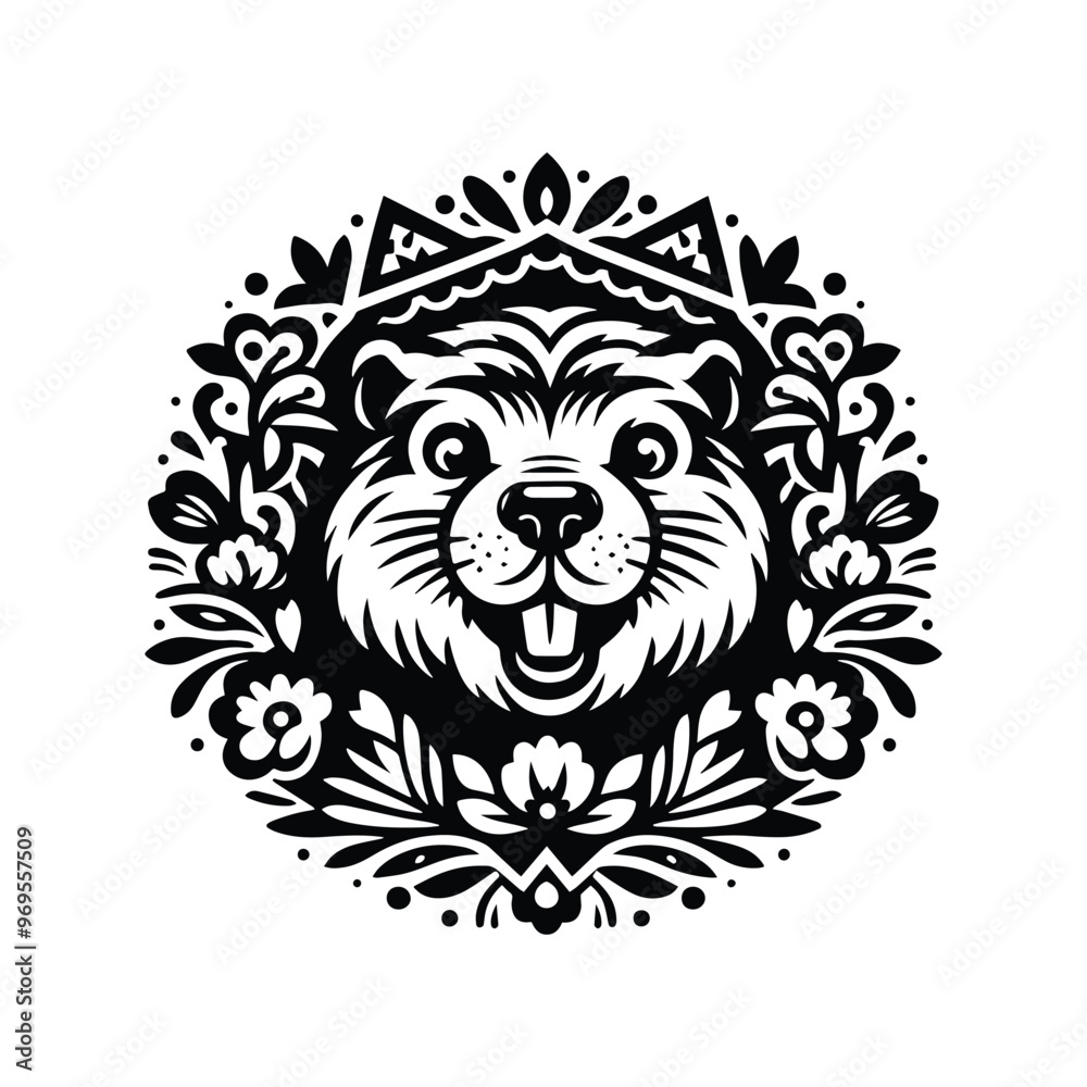 Beaver in folk art black and white silhouette illustration - Beaver in folk art black and white silhouette illustration -