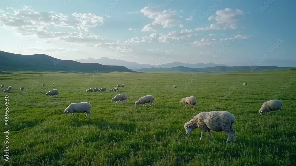 Fototapeta premium Cows and sheep graze peacefully on lush grass under a bright sky filled with white clouds, with green mountains gently rising in the background