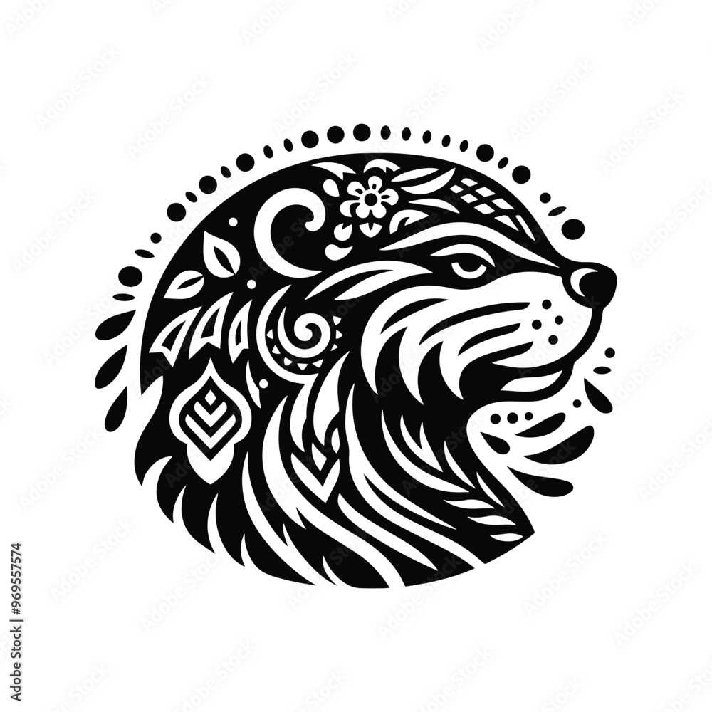 Obraz premium Beaver in folk art black and white silhouette illustration -