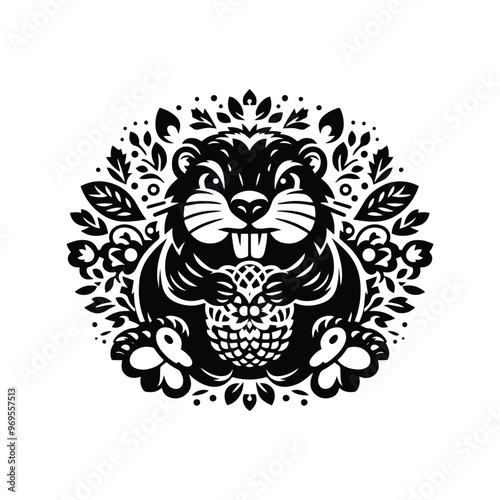 Wallpaper Mural Beaver in folk art black and white silhouette illustration - Torontodigital.ca