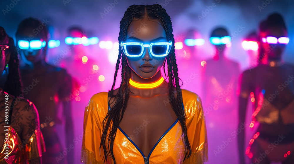 diverse set of models different ethnicities and genders bold neon makeup, glowing ultraviolet light