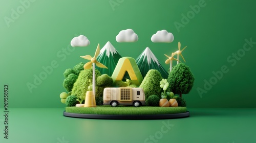 A vibrant miniature landscape featuring wind turbines, mountains, and a delivery vehicle, showcasing sustainability and eco-friendliness. photo