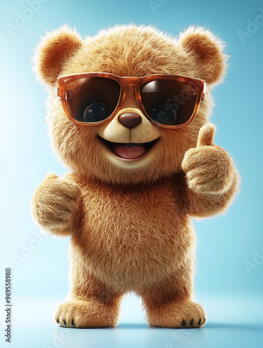 A cheerful cartoon bear character in sunglasses giving a thumbs up, perfect for children's birthday parties or summer event themes.