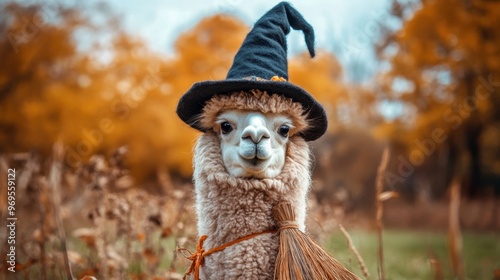 A whimsical llama dons a witch hat and holds a broom in a colorful autumn field, perfect for seasonal themes and fun imagery. photo