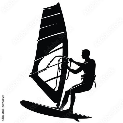Silhouette of a person windsurfing