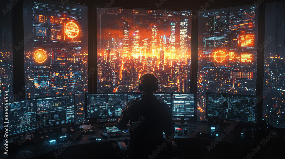 A hacker sits in front of multiple monitors overlooking a glowing cityscape. A hacker sits in front of multiple monitors overlooking a glowing cityscape.