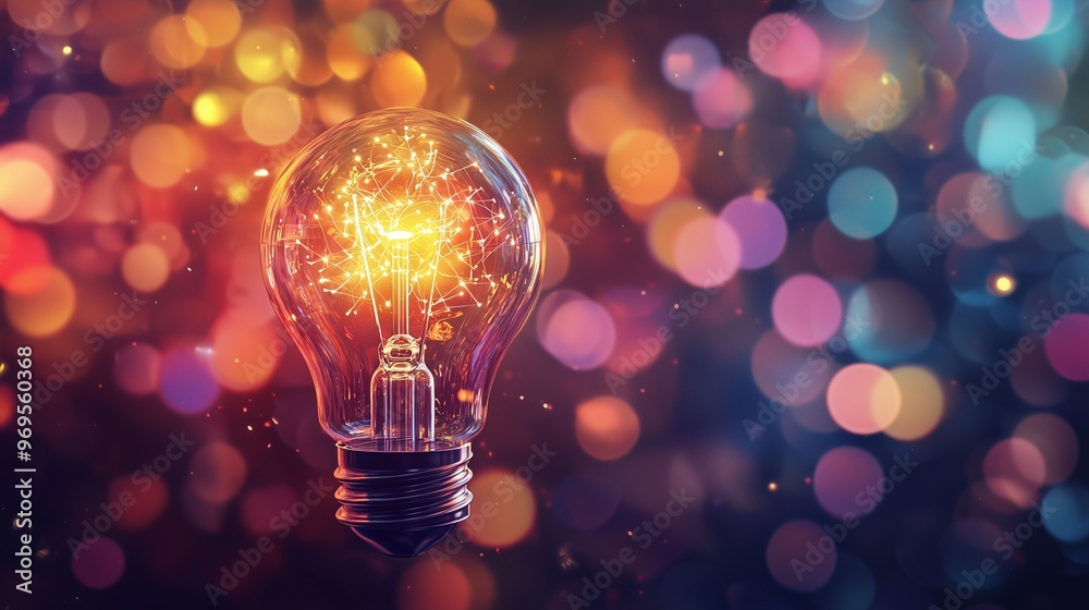 A glowing light bulb amidst colorful bokeh lights symbolizes breakthrough and imagination. A glowing light bulb amidst colorful bokeh lights symbolizes breakthrough and imagination.