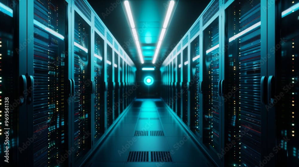 Modern data center with vibrant blue lighting, showcasing rows of server racks and high-tech infrastructure in a controlled environment. Modern data center with vibrant blue lighting, showcasing rows of server racks and high-tech infrastructure in a controlled environment.
