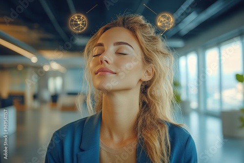 Dendrite neurogenomics neurofeedback and neurotransmission peaceful woman meditating with glowing neural patterns around her head representing mental energy photo