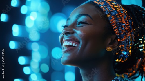 Joyful woman with a vibrant smile, adorned in a colorful headwrap, illuminated by bright blue lights in a lively atmosphere.