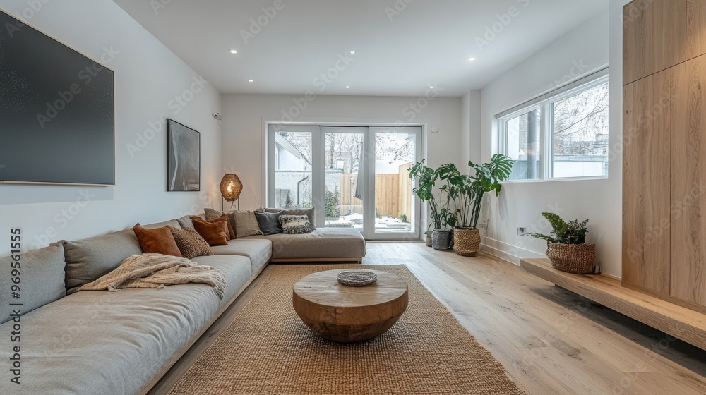 Modern living room interior featuring a cozy sofa, wooden accents, and natural light for a warm and inviting atmosphere. Modern living room interior featuring a cozy sofa, wooden accents, and natural light for a warm and inviting atmosphere.