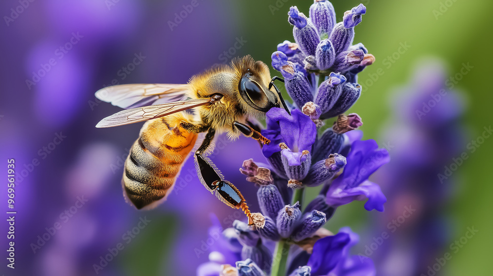 Close-up of a bee pollinating lavender flowers, perfect for nature-related events and environmental awareness campaigns. Close-up of a bee pollinating lavender flowers, perfect for nature-related events and environmental awareness campaigns.