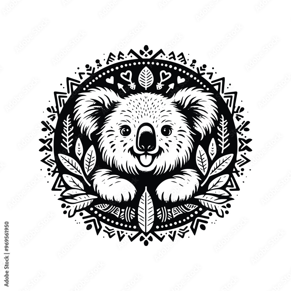 Obraz premium Koala in bohemian black and white silhouette illustration -
