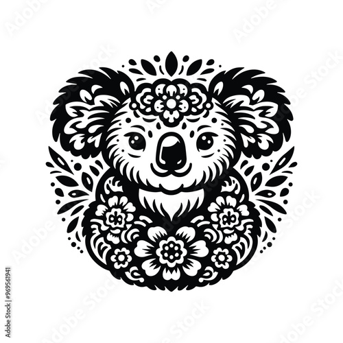 Koala in folk art black and white silhouette illustration -