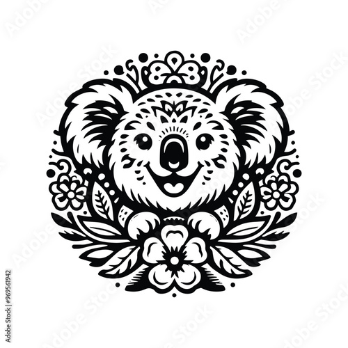 Koala in folk art black and white silhouette illustration -