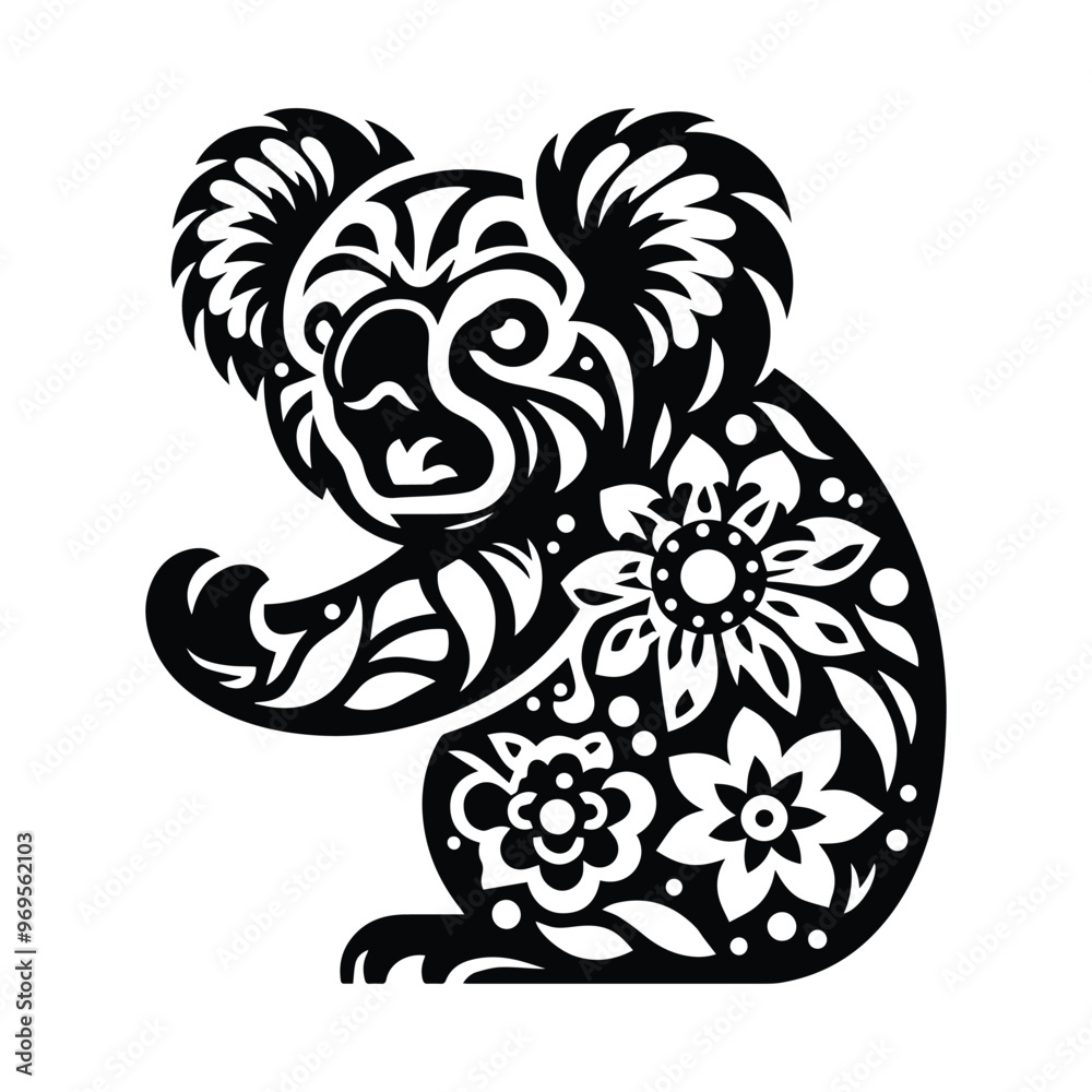 Obraz premium Koala in folk art black and white silhouette illustration -
