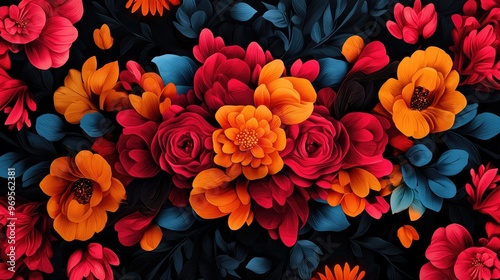 A vibrant floral arrangement featuring red, orange, and yellow flowers against a dark background, perfect for any design project. Hispanic Heritage, Day of the dead