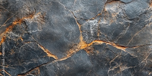 Close-up of Dark Gray Rock with Yellow Veins photo