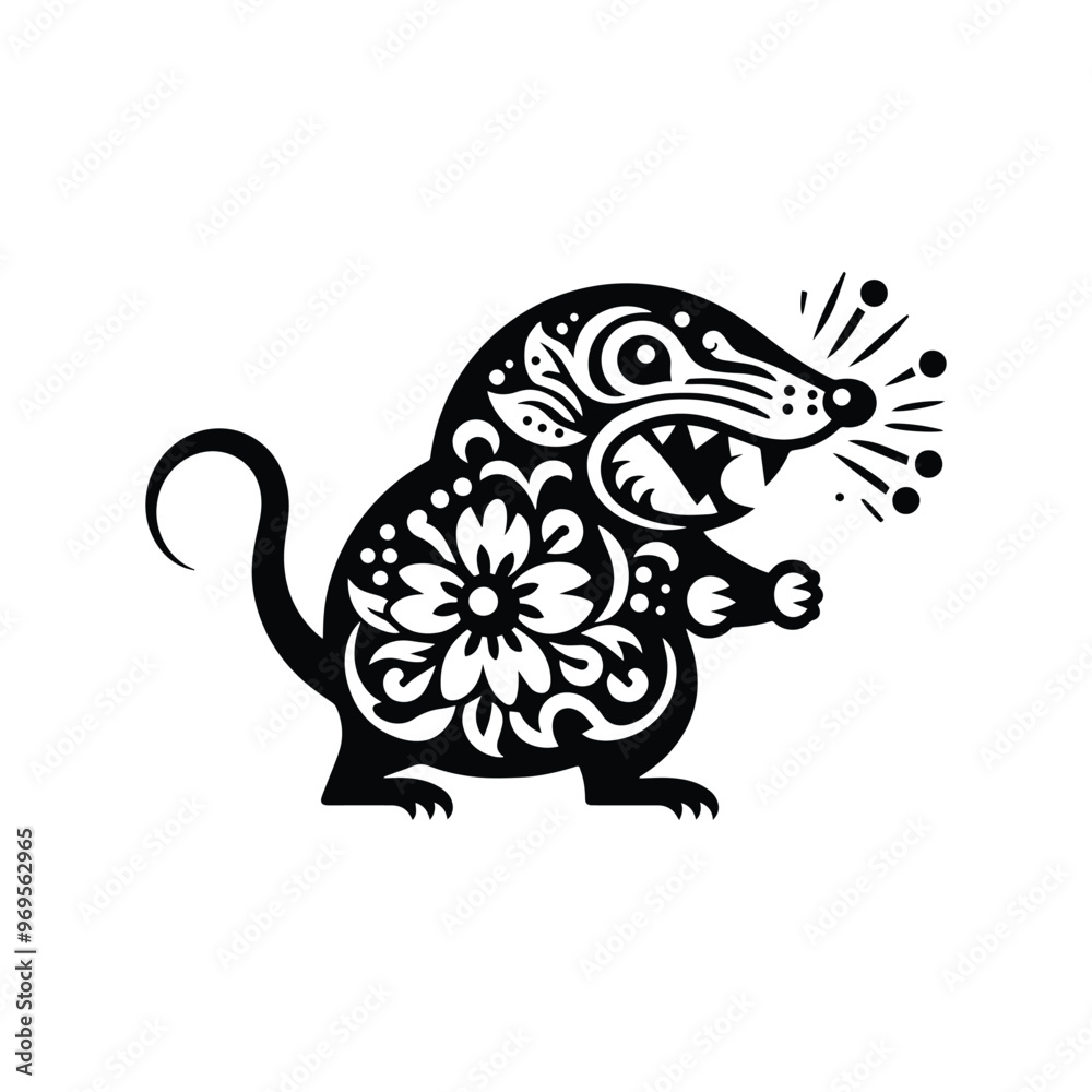 Mole in folk art black and white silhouette illustration -