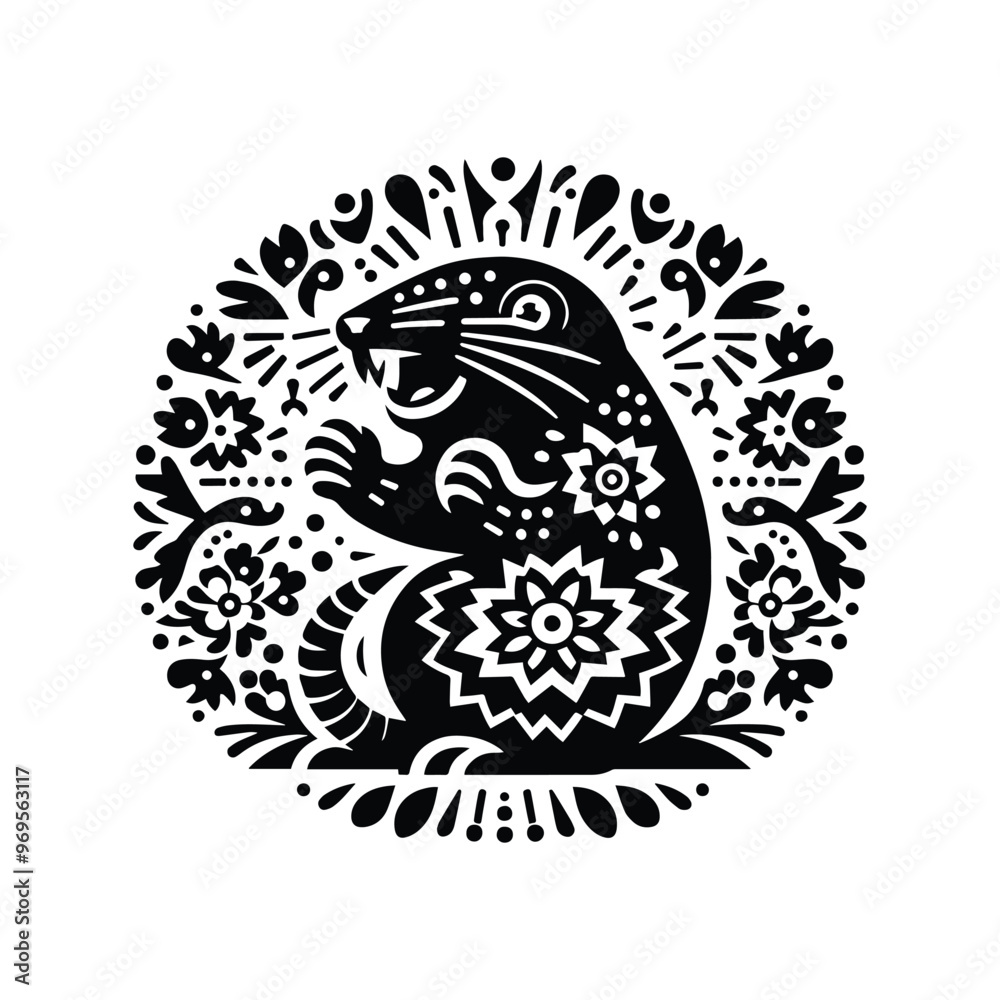 Mole in folk art black and white silhouette illustration - Mole in folk art black and white silhouette illustration -