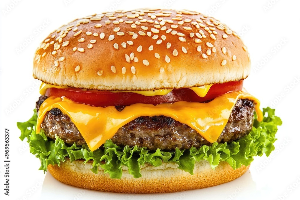 Close - up of a juicy cheeseburger with dripping cheese and toppings, isolated on a white background Close - up of a juicy cheeseburger with dripping cheese and toppings, isolated on a white background