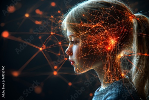 Cortical cerebrospinal neurotherapeutics and neurocircuitry young girl with glowing neural connections on her head symbolizing the future of knowledge and intelligence photo