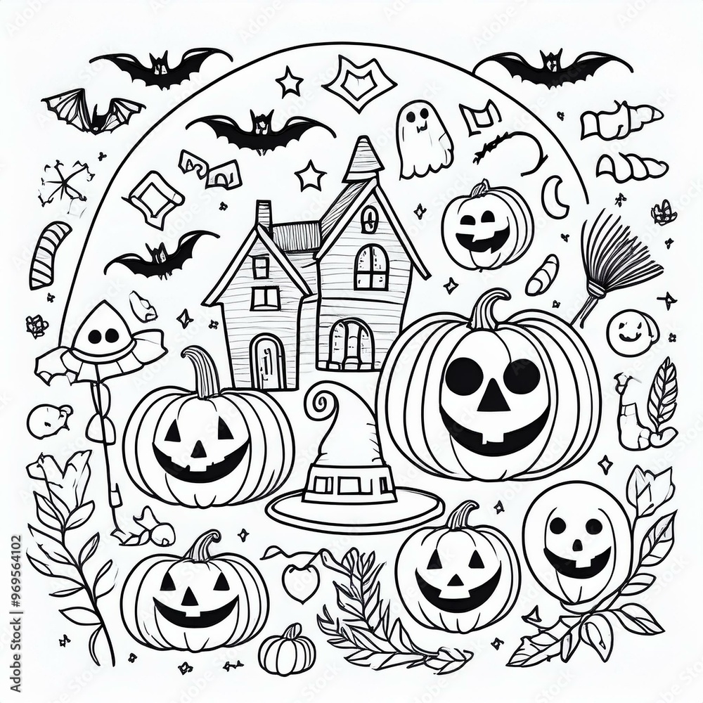 Obraz premium Halloween drawing printable with easy playful halloween images of haunted house, bats, pumpkins , ghosts and brooms for children to colour / paint