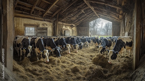 Cows eating hay in a barn. This photo showcases rural life and the livestock that provide food for humans.
