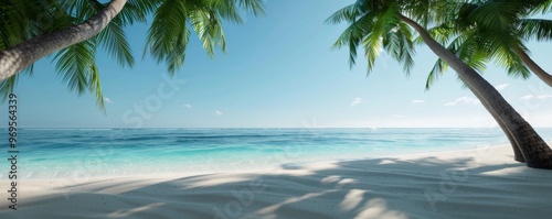 Tropical beach with palm trees, white sand, and turquoise water under a clear blue sky. Perfect vacation destination or travel inspiration.