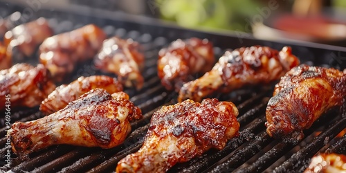 Juicy chicken drumsticks coated in a delicious marinade sizzle on a hot grill, perfect for a summer barbecue. photo