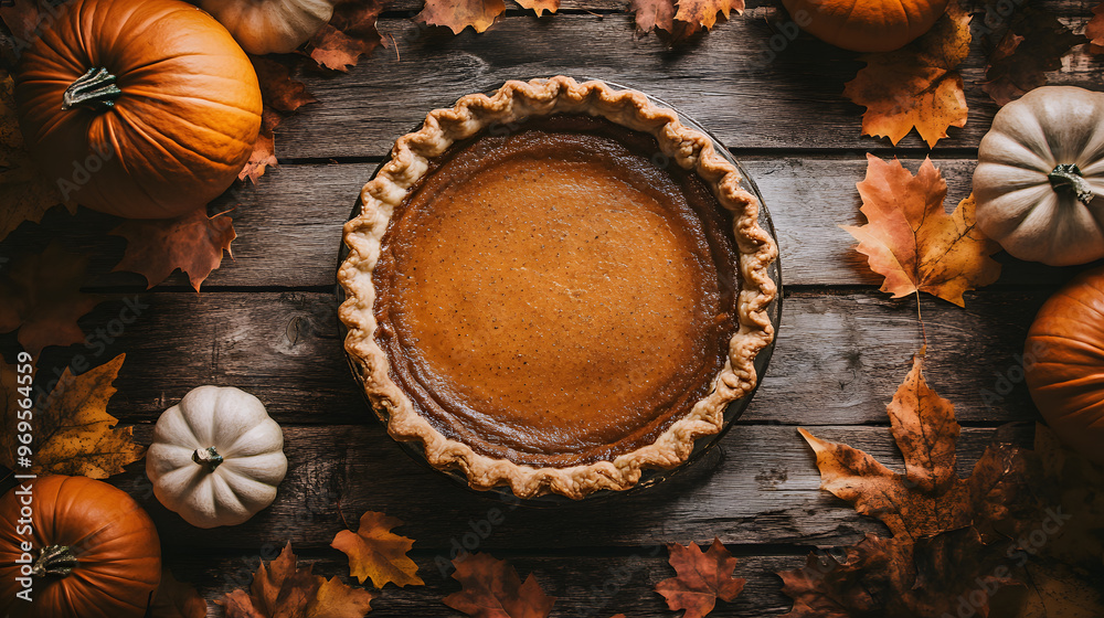 Homemade pumpkin pie with golden crust on rustic table. Cozy autumn scene with pumpkins and leaves for Thanksgiving.