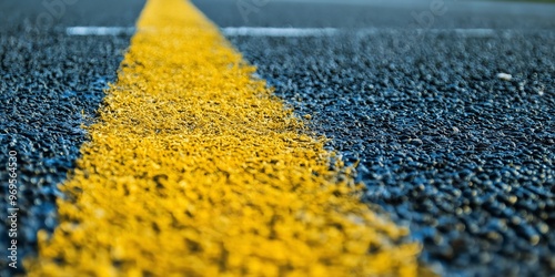 A detailed close-up view of a yellow road line on an asphalt surface, capturing the essence of journey and direction. photo