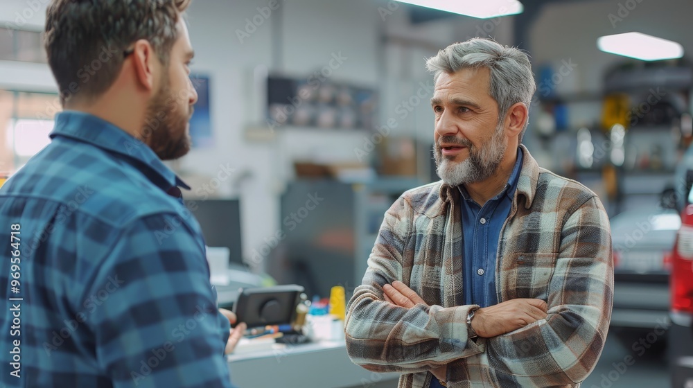 Two men having a conversation in a modern workshop. Both are casually dressed and appear engaged in discussion. Tools and equipment are visible. Two men having a conversation in a modern workshop. Both are casually dressed and appear engaged in discussion. Tools and equipment are visible.