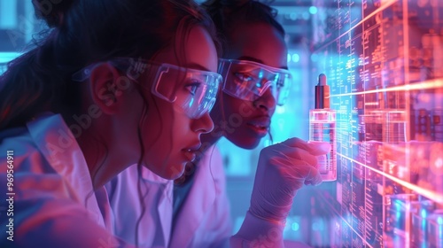 Two scientists analyzing data on a futuristic digital screen, wearing protective eyewear and lab coats, immersed in research in a high-tech lab.