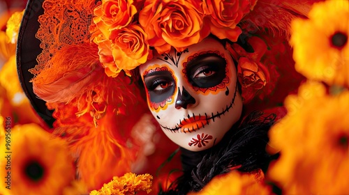 Vibrant Day of the Dead celebration featuring a skeletal face adorned with colorful flowers and dramatic makeup. Hispanic Heritage, Day of the dead