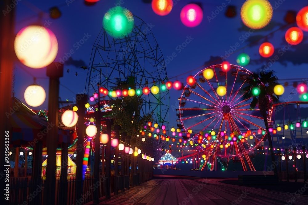 Vibrant amusement park at night with a Ferris wheel and colorful lights illuminating the festive atmosphere. Perfect for celebrations and joy. Vibrant amusement park at night with a Ferris wheel and colorful lights illuminating the festive atmosphere. Perfect for celebrations and joy.