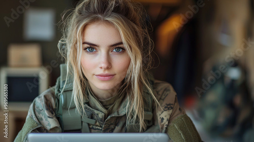 A young woman in military uniform looks intently at the camera.