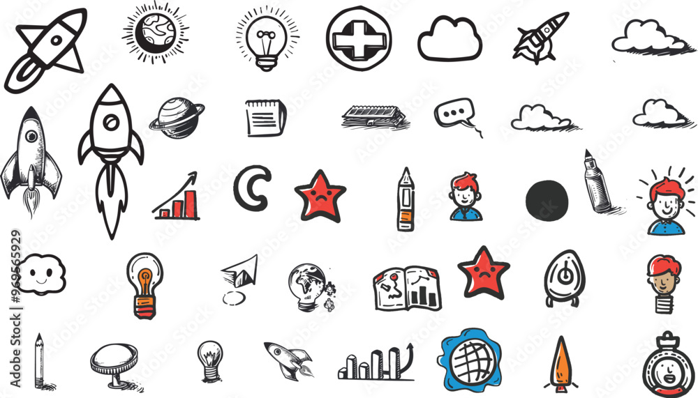 Fototapeta premium Hand Drawn Doodle Icons Business Startup Technology Science Education Medical Concept Vector Illustration Set Isolated On White Background