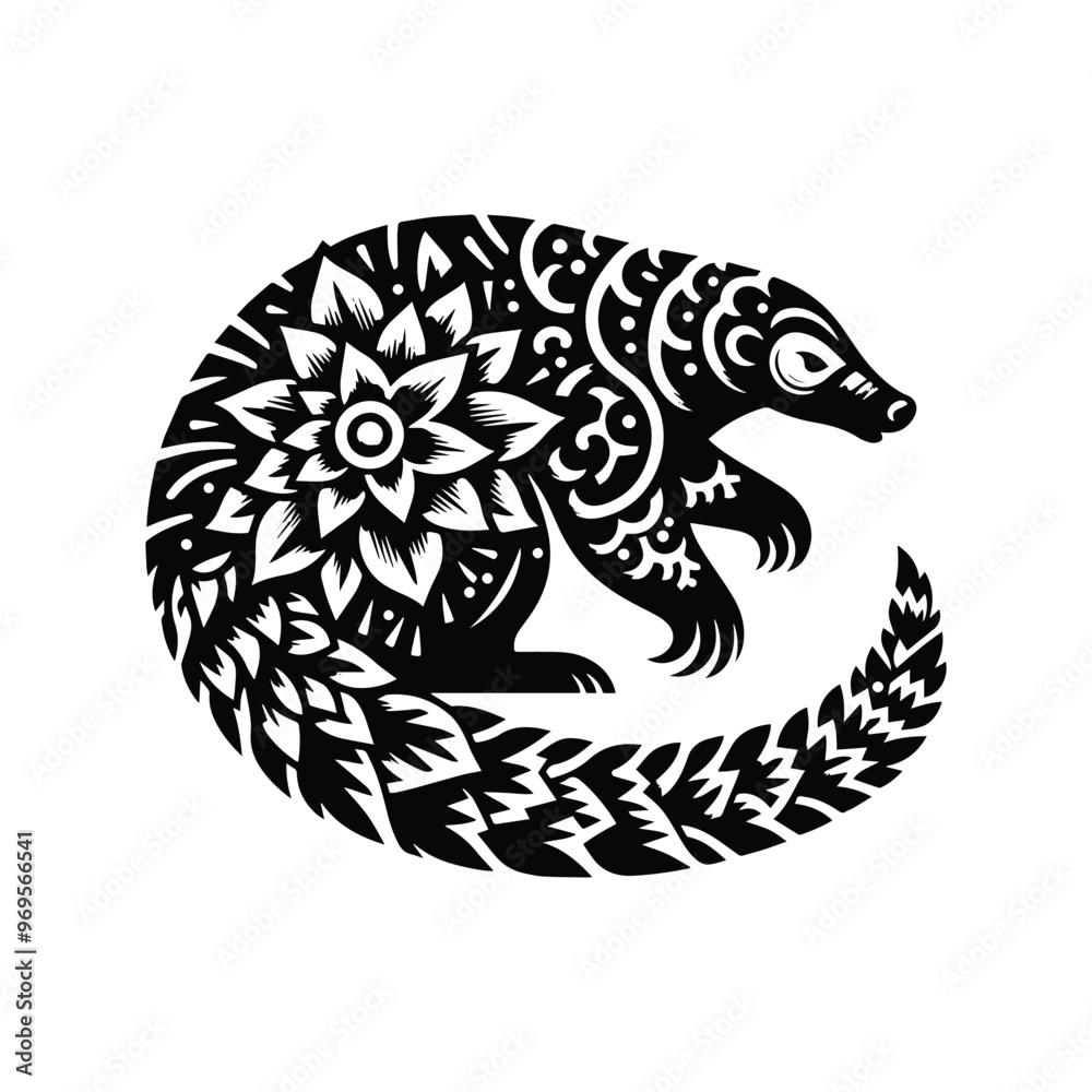 Pangolin folk art black and white silhouette illustration - Pangolin folk art black and white silhouette illustration -