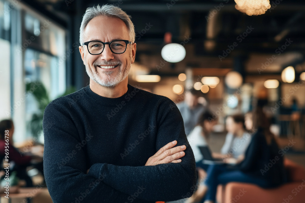 A smiling middle-aged man with grey hair and glasses stands with his arms crossed in a modern office with other people in the background. A smiling middle-aged man with grey hair and glasses stands with his arms crossed in a modern office with other people in the background.