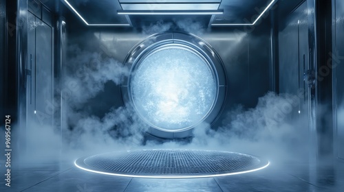 A sophisticated cryo chamber emits a soft glow, surrounded by swirling mist within an advanced futuristic environment, suggesting high-tech applications