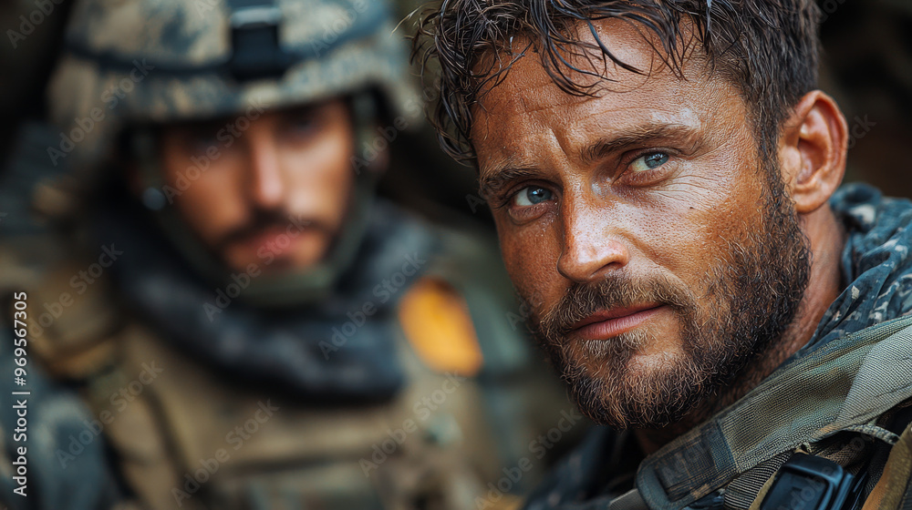 Fototapeta premium Close-up of a soldier's determined face.