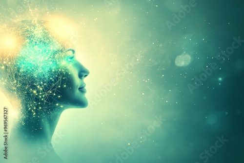 Neurocircuitry brainwaves biohacking and somatosensory woman with glowing neural energy radiating from her head symbolizing creativity and mental clarity photo