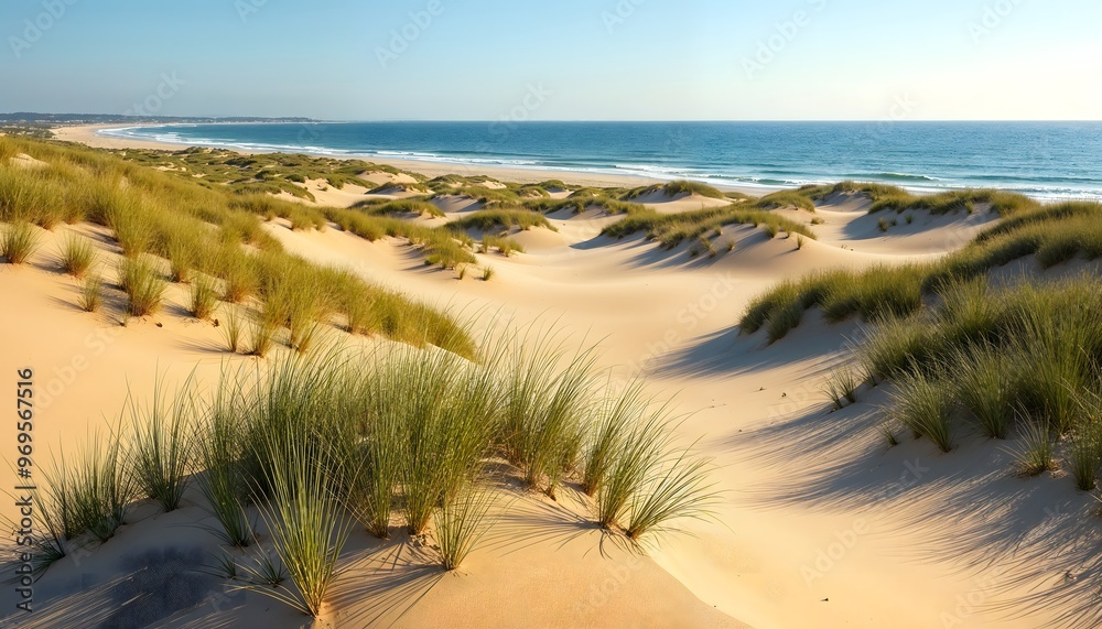 Tranquil view of golden sand dunes adorned with lush green grasses by the beach, capturing the essence of nature's beauty in a coastal landscape. Tranquil view of golden sand dunes adorned with lush green grasses by the beach, capturing the essence of nature's beauty in a coastal landscape.