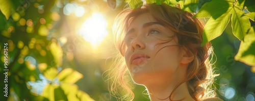 Young woman gazing at sunlight through green leaves, embodying tranquility and nature's beauty on a bright day.