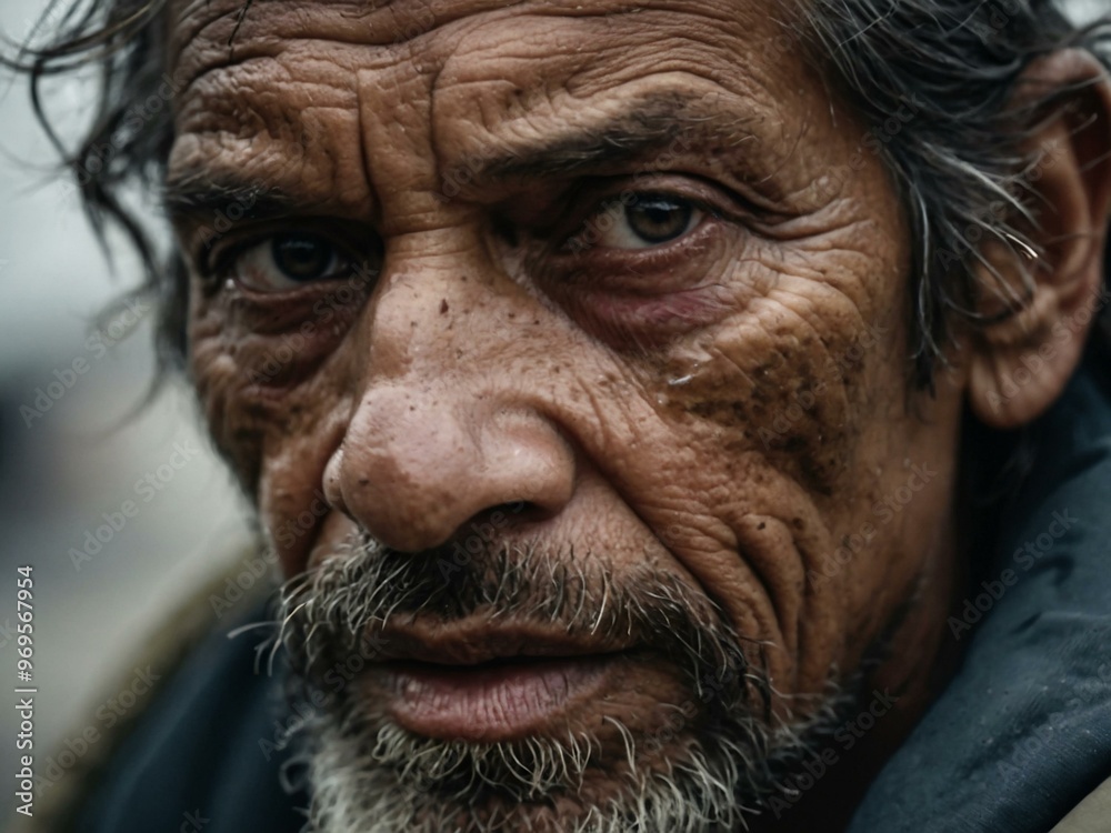 Close-up of a homeless person’s face, showing strength and survival. Close-up of a homeless person’s face, showing strength and survival.